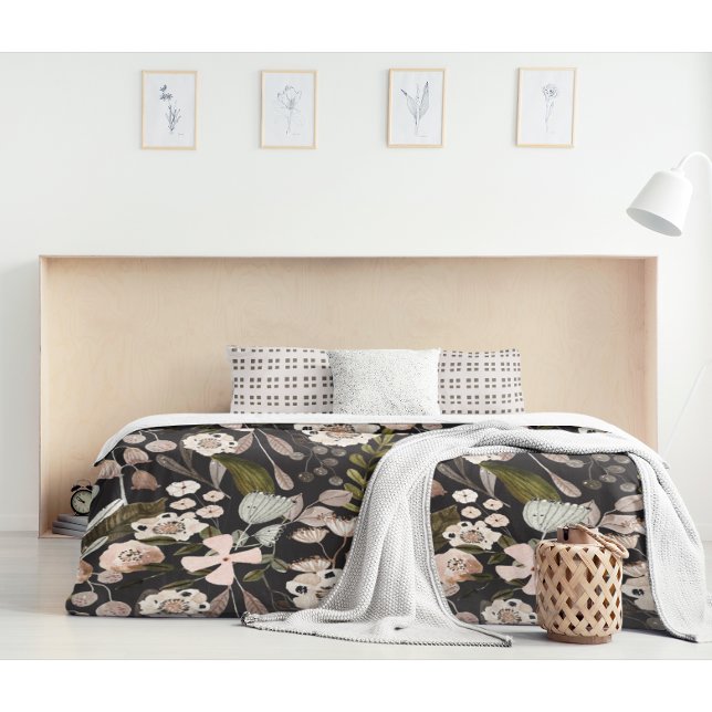Light Pink Field Flowers on Black Duvet Cover (Creator Uploaded)