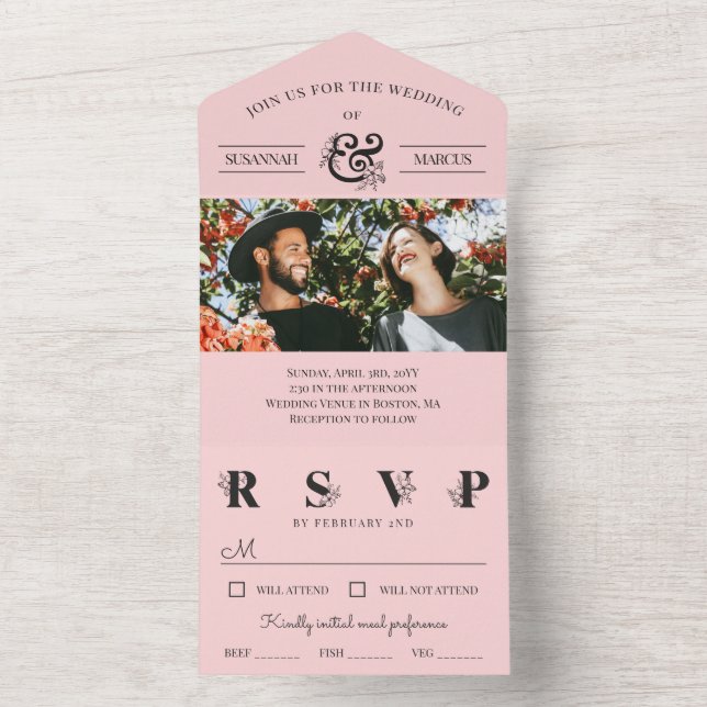 Light Pink Floral Ampersand Photo Wedding All In One Invitation (Inside)