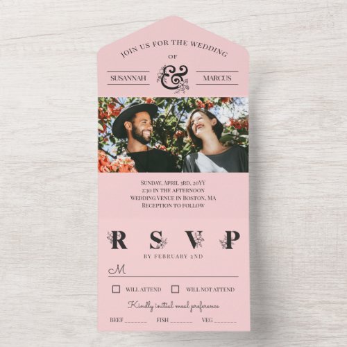 Light Pink Floral Ampersand Photo Wedding All In One Invitation