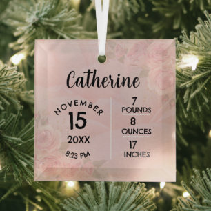 Light Pink Floral Birth Numbers Square Ornament