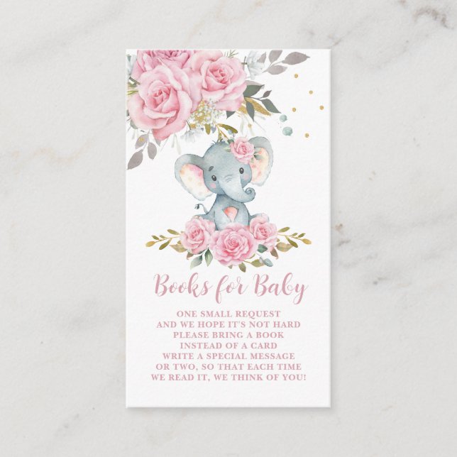 Light Pink Floral Cute Elephant Books for Baby Enclosure Card (Front)