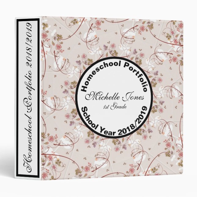 Light Pink Floral Design Homeschool Portfolio 3 Ring Binder (Front/Spine)