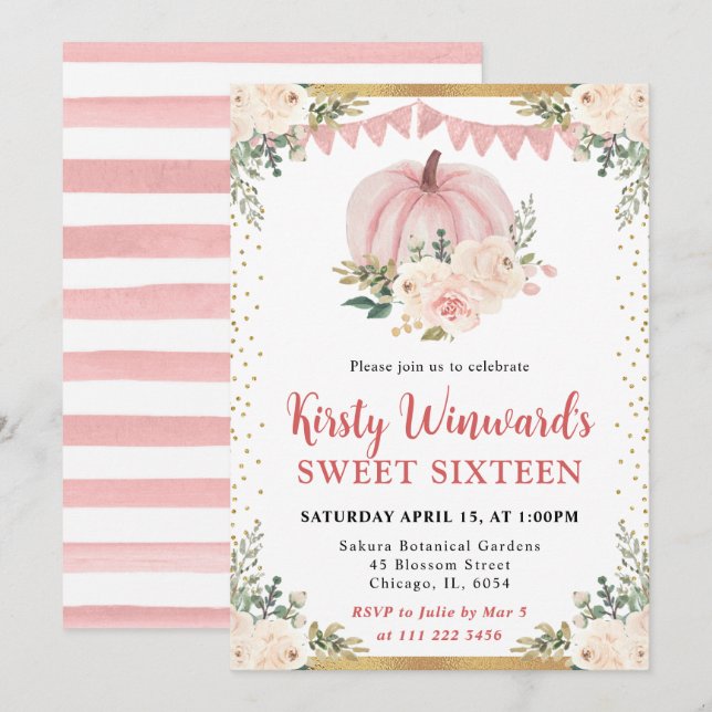 Light Pink Floral Pumpkin Fall Sweet 16 Invitation (Front/Back)