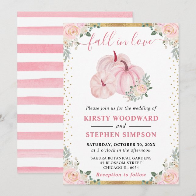 Light Pink Floral Pumpkin Fall Wedding Invitation (Front/Back)