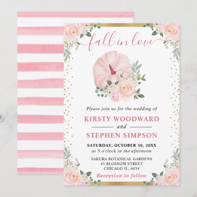 Light Pink Floral Pumpkin Fall Wedding Invitation (Front/Back)