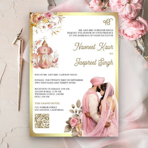 Light Pink Floral QR Code Anand Karaj Sikh Wedding Invitation