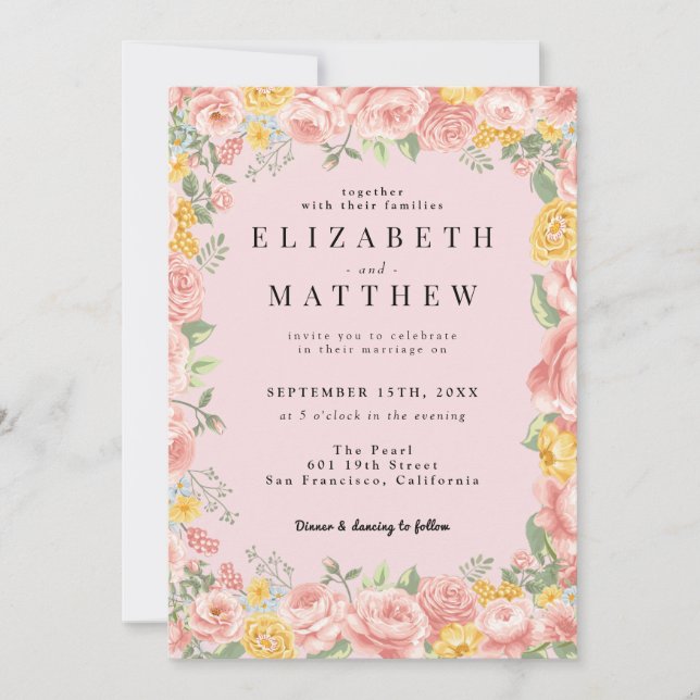 Light Pink Floral Wildflower Photo QR Code Wedding Invitation (Front)
