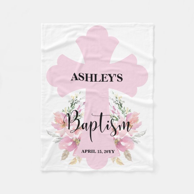 Light Pink Floral with Cross Baptism  Fleece Blanket (Front)