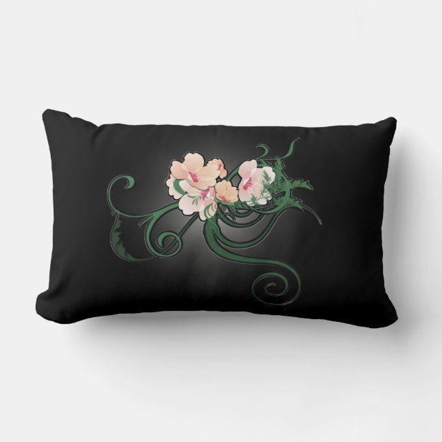 Light Pink Flower Illustration on Black Lumbar Pillow (Front)
