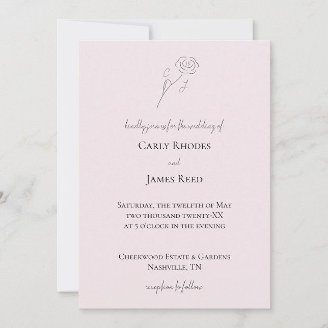 Light Pink Flower Line Art Monogram Wedding Invitation (Front)