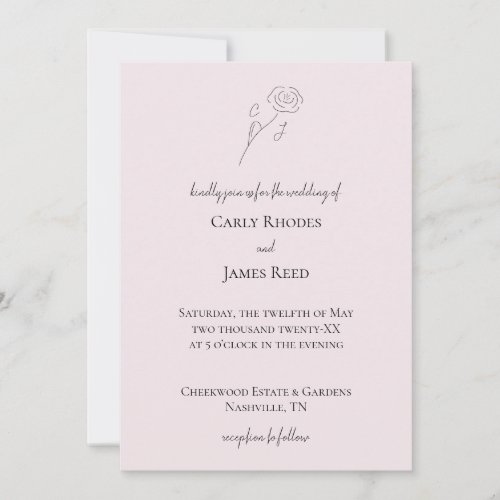 Light Pink Flower Line Art Monogram Wedding Invitation