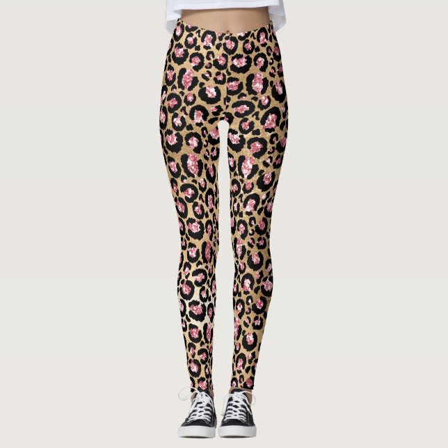 Light Pink Foil & Gold Glam Glitter Leopard Spots Leggings (Front)