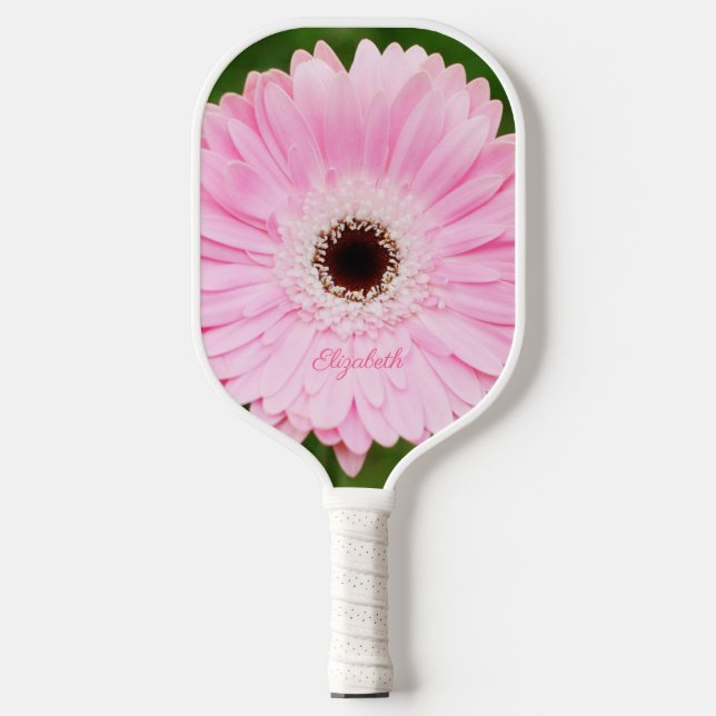 Light Pink Gerbera Daisy Floral Personalized Pickleball Paddle (Front)