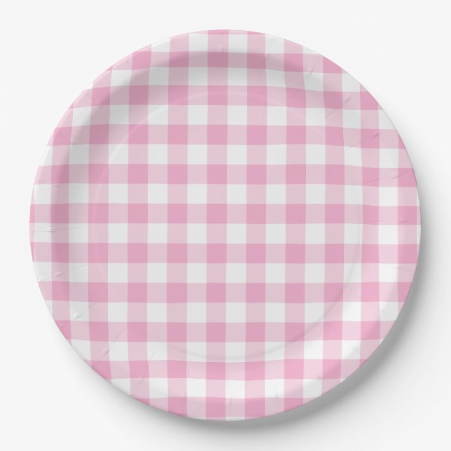 Light Pink Gingham Check Paper Plates (Front)