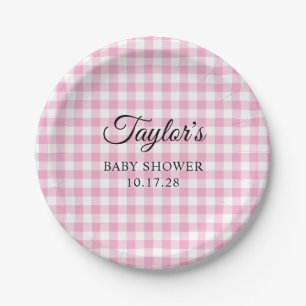 Light Pink Gingham Plaid Baby Shower Paper Plates