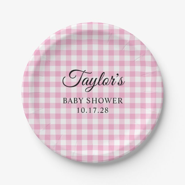 Light Pink Gingham Plaid Baby Shower Paper Plates (Front)
