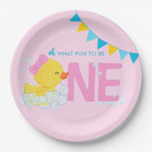 Light Pink Girl Watercolor Duck ONE 1st Birthday Paper Plates
