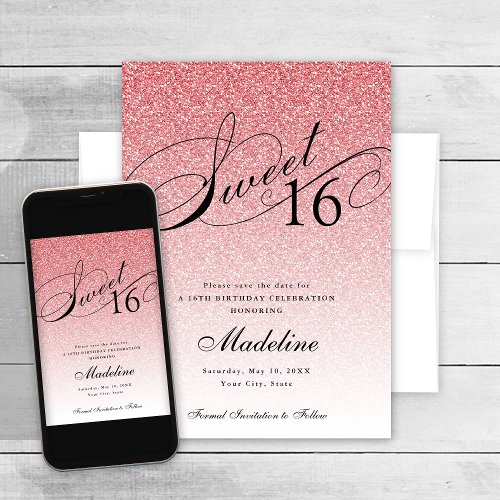 Light Pink Glam Glitter Sweet 16 Save The Date