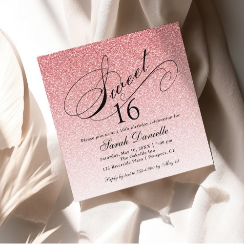 Light Pink Glam Glitter Sweet 16 Square Invitation