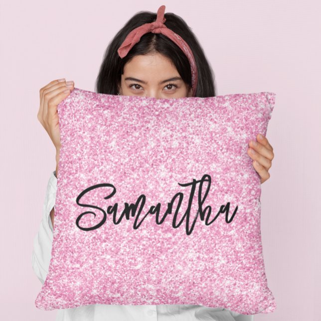 Light Pink Glitter Black Brush Script Throw Pillow (Creator Uploaded)
