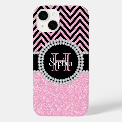 Light Pink Glitter Black Chevron Case_Mate iPhone 14 Case