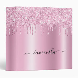 Light Pink Glitter Drips Shimmer Glam Name 3 Ring Binder