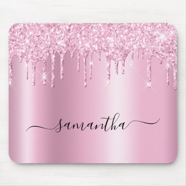 Light Pink Glitter Drips Shimmer Glam Name Mouse Pad (Front)