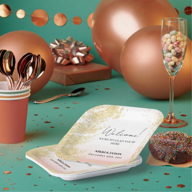 Light Pink Glitter Golden Splash Wedding Welcome  Paper Plates (Multi)