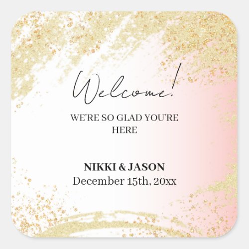 Light Pink Glitter Golden Splash Wedding Welcome  Square Sticker