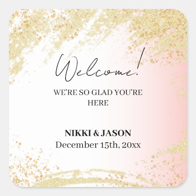 Light Pink Glitter Golden Splash Wedding Welcome  Square Sticker (Front)