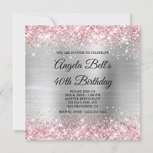 Light Pink Glitter Silver Shimmer Foil Monogram Invitation