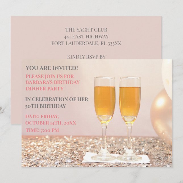 Light pink gold 50th birthday champagne  invitation (Front/Back)