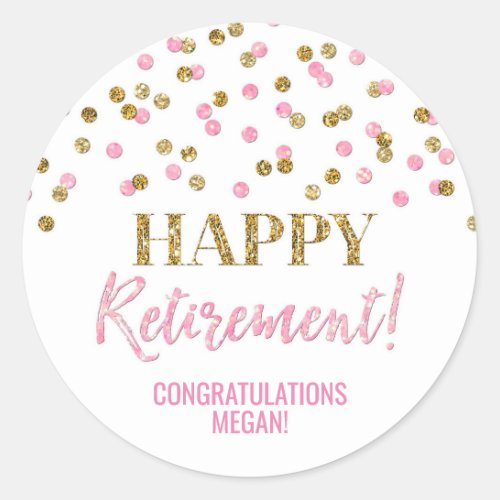 Light Pink Gold Confetti Happy Retirement Classic Round Sticker