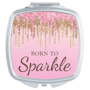 Light Pink & Gold Dripping Glitter Born To Sparkle Compact Mirror