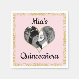 Light Pink & Gold Glitter Heart Photo Personalized Napkins