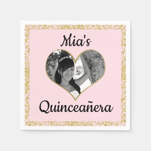 Light Pink  Gold Glitter Heart Photo Personalized Napkins