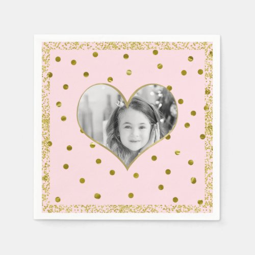 Light Pink Gold Glitter Heart Photo Personalized Napkins