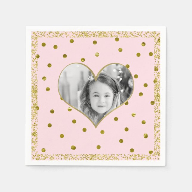 Light Pink Gold Glitter Heart Photo Personalized Napkins (Front)