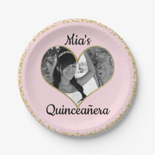 Light Pink & Gold Glitter Heart Photo Personalized Paper Plates