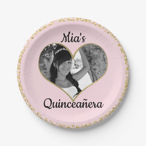 Light Pink  Gold Glitter Heart Photo Personalized Paper Plates