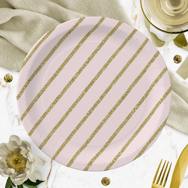 Light Pink Gold Glitter Stripe Pattern Paper Plates (Creator Uploaded)