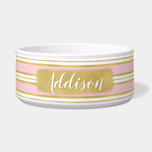 Light Pink Gold Stripe Pattern Custom Name Bowl