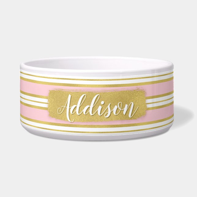 Light Pink Gold Stripe Pattern Custom Name Bowl (Front)