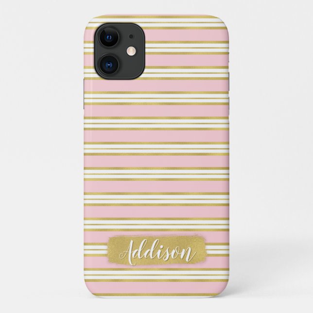 Light Pink Gold Stripe Pattern Custom Name Case-Mate iPhone Case (Back)