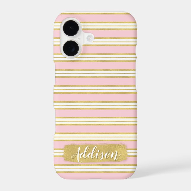 Light Pink Gold Stripe Pattern Custom Name Iphone Case (Back)