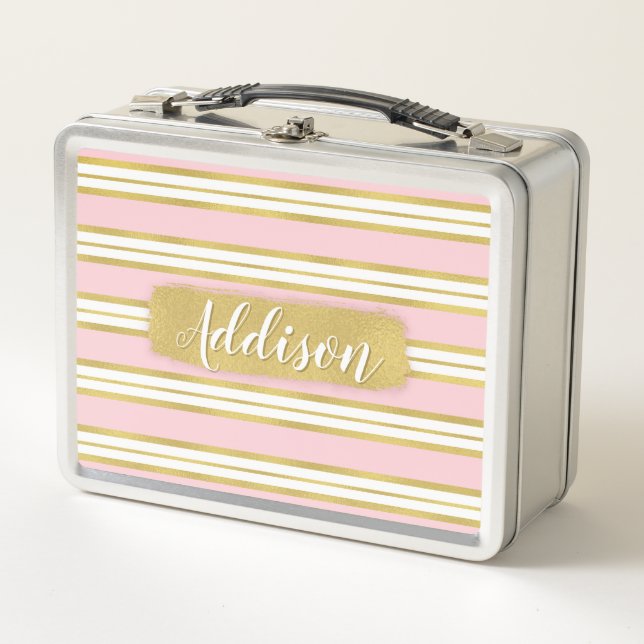 Light Pink Gold Stripe Pattern Custom Name Metal Lunch Box (Front)
