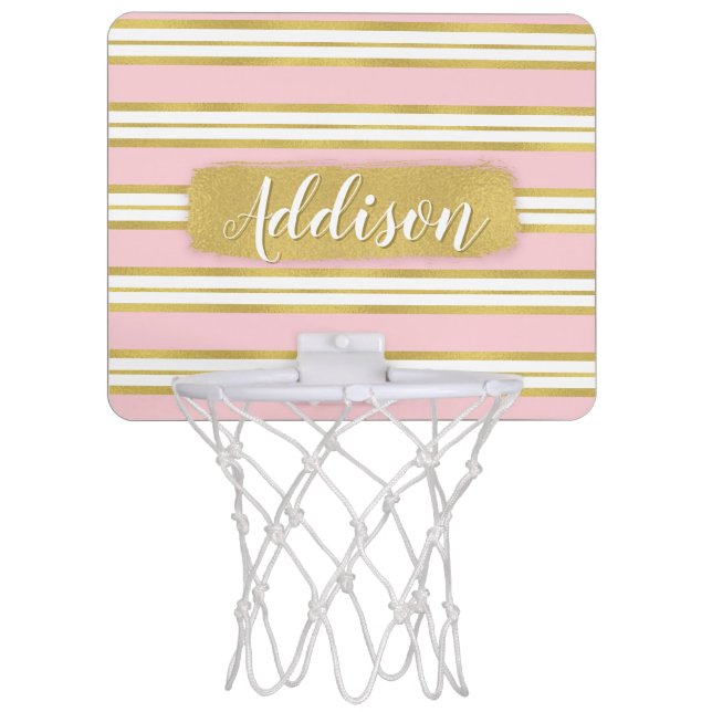 Light Pink Gold Stripe Pattern Custom Name Mini Basketball Hoop (Front)