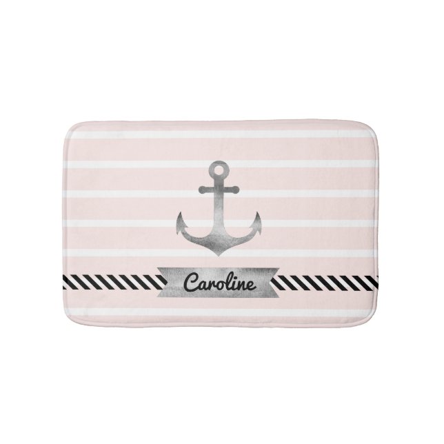 Light Pink Gray Anchor Personalized Bath Mat (Front)