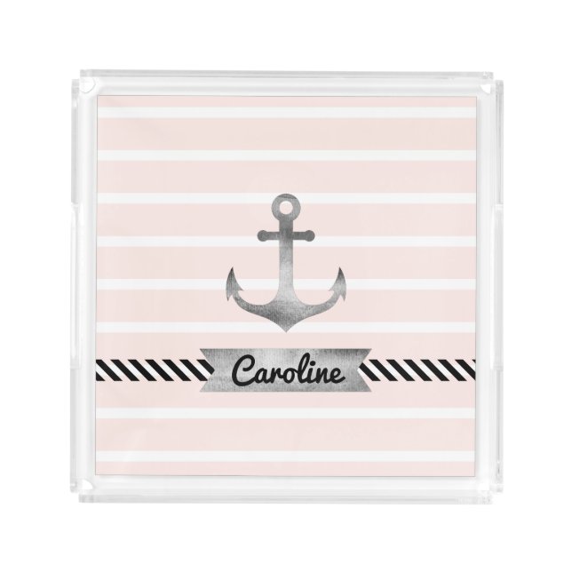 Light Pink Gray Watercolor Anchor Personalized Acrylic Tray (Front)