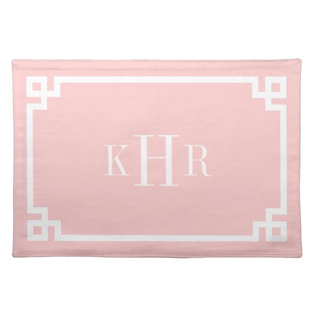 Light Pink Greek Key Border Custom Monogram Cloth Placemat (Front)